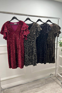 V-Neck, Elasticated Waist, Frill Sleeve, Velour & Sequin Dress.