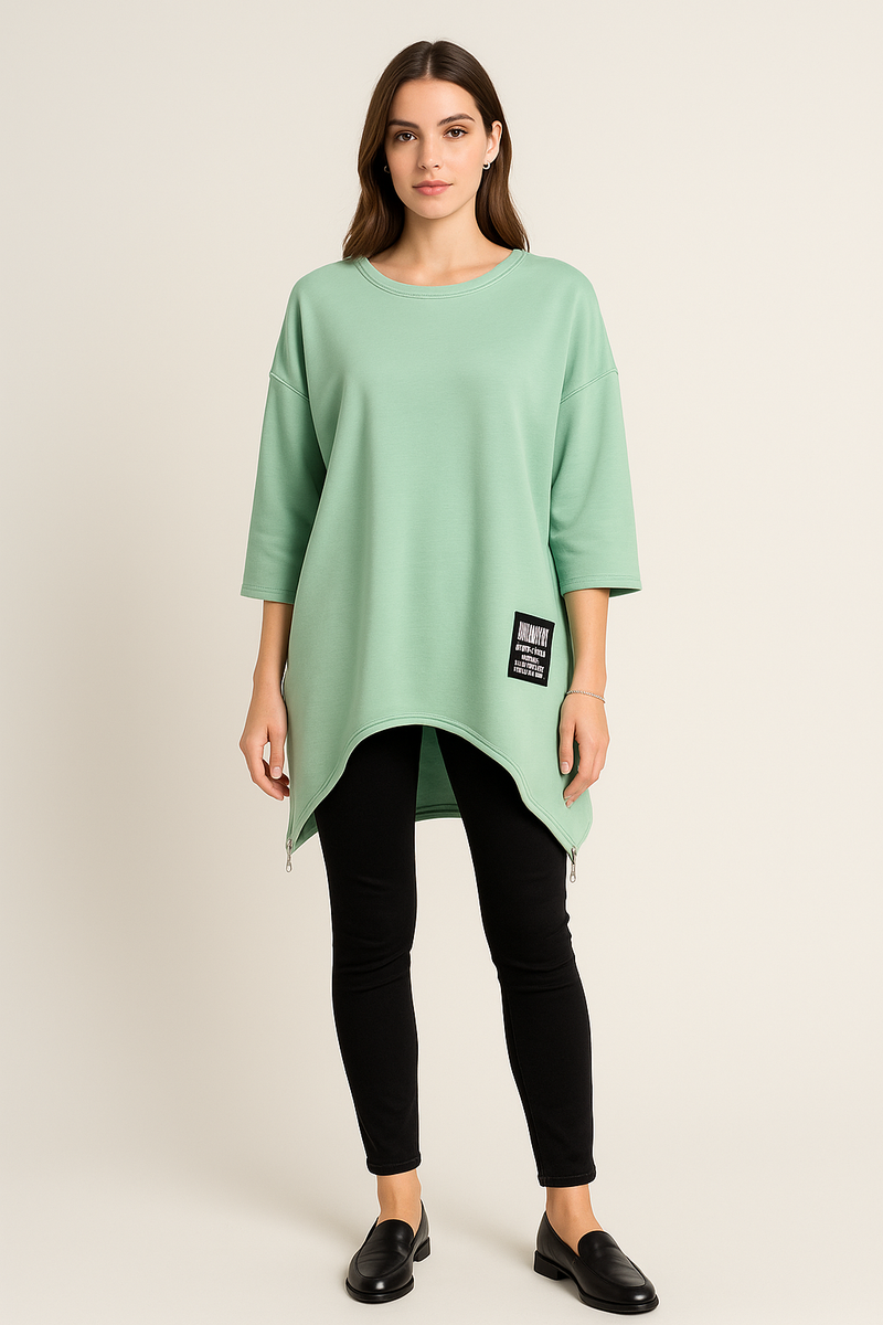 Round Neck, Zip Detailed Hem, Two Pocket Oversized Jumper