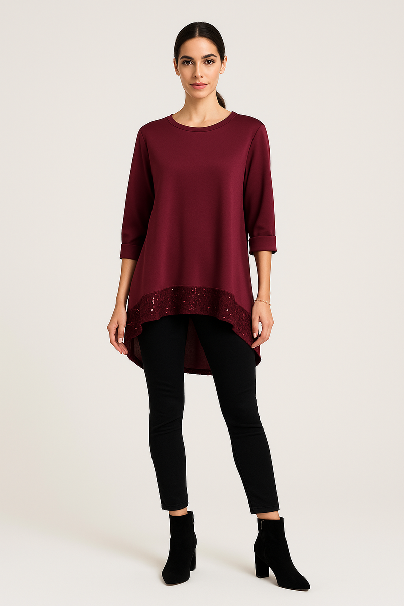 Round Neck, Sequin Detail, High Low Top