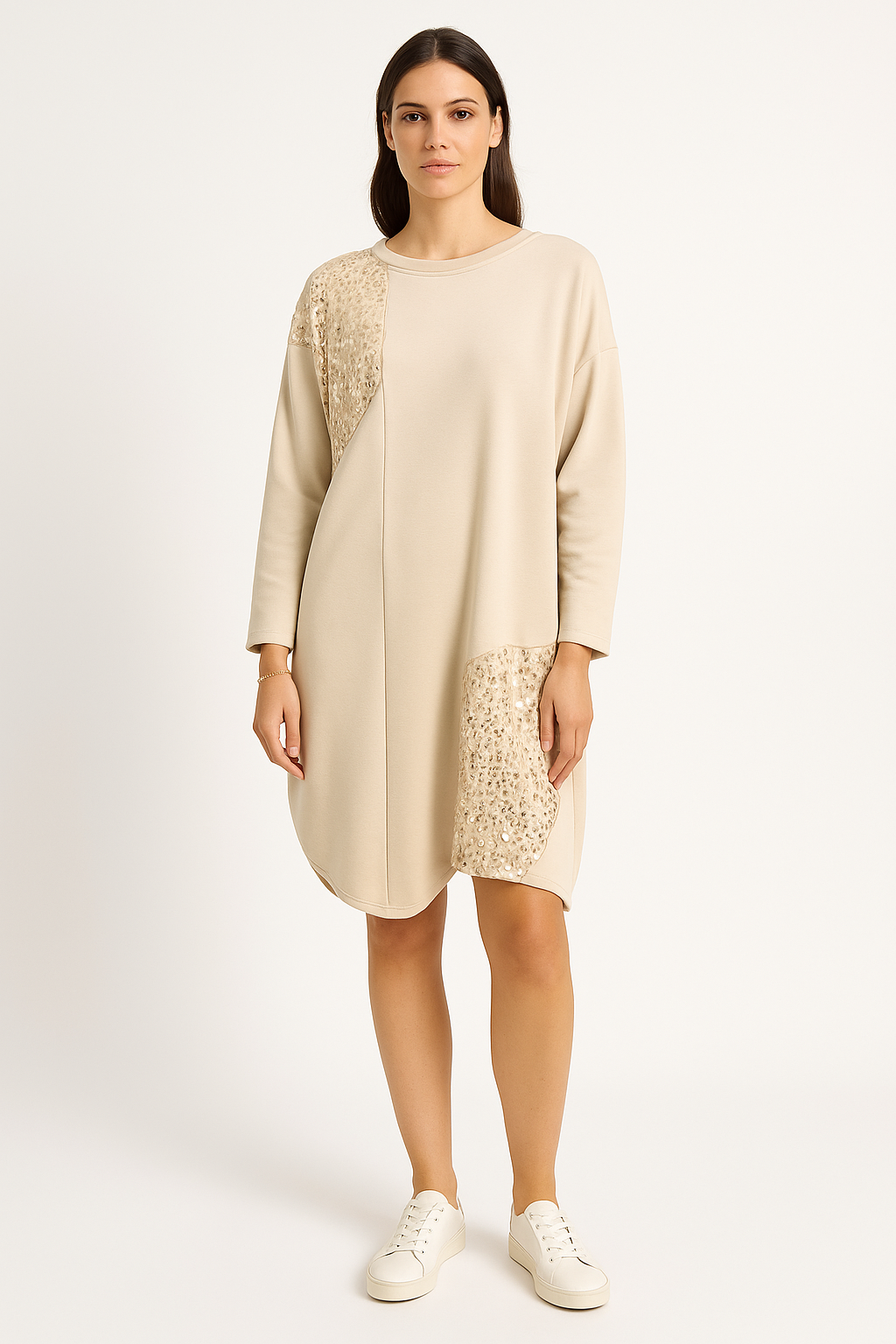 Round Neck, Sequin Detailed, Two Pocket Oversized Top.