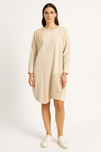 Round Neck, Sequin Detailed, Two Pocket Oversized Top.