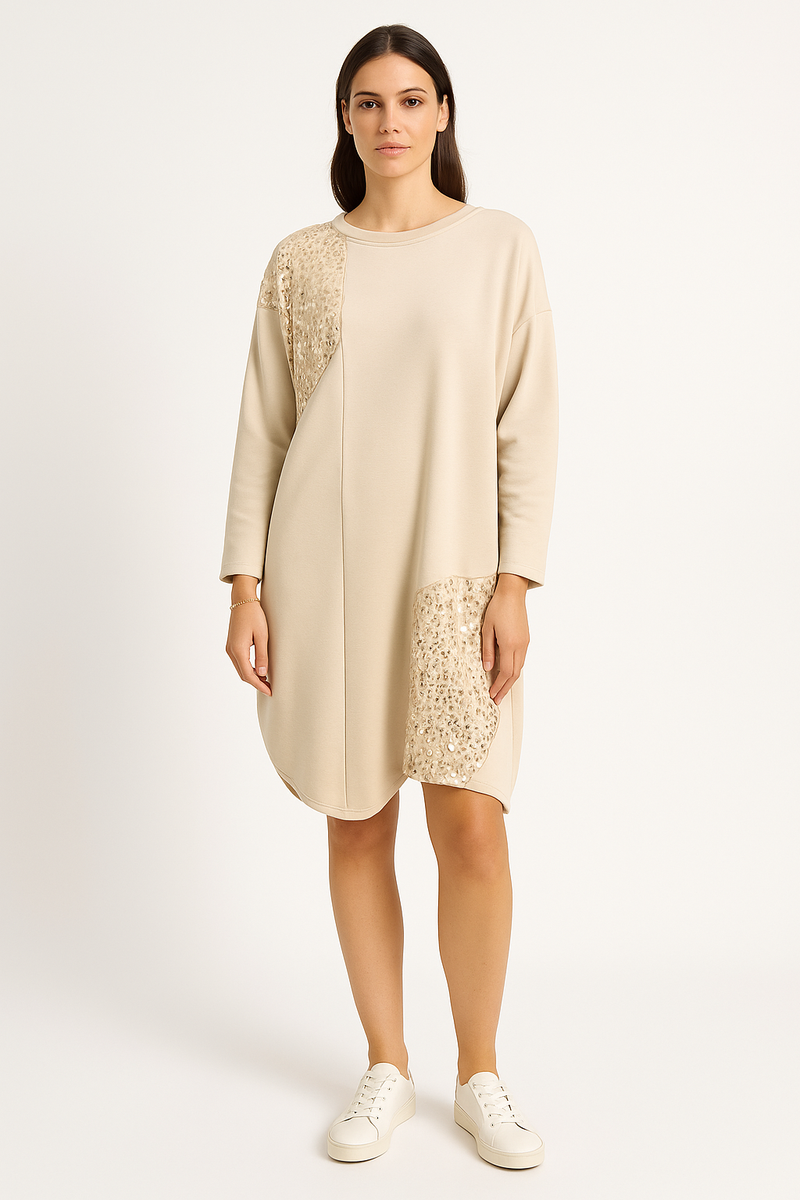 Round Neck, Sequin Detailed, Two Pocket Oversized Top.