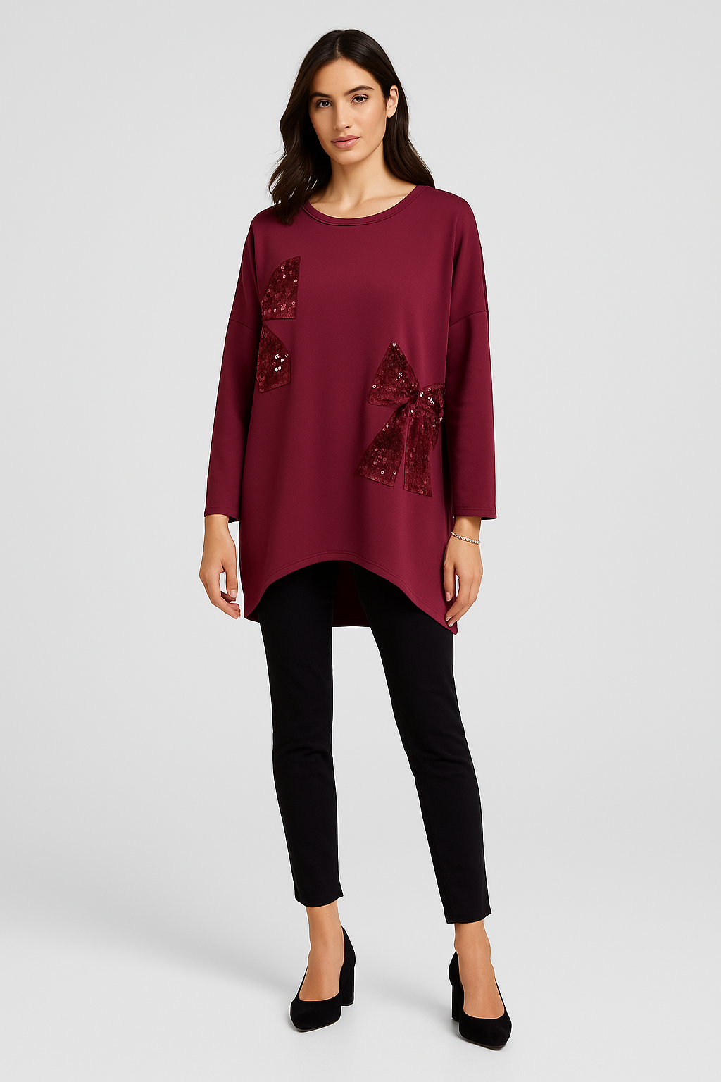 Round Neck, Sequin & Velour Bow Detailed, Oversized Scuba Top