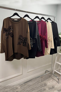 Round Neck, Sequin & Velour Bow Detailed, Oversized Scuba Top