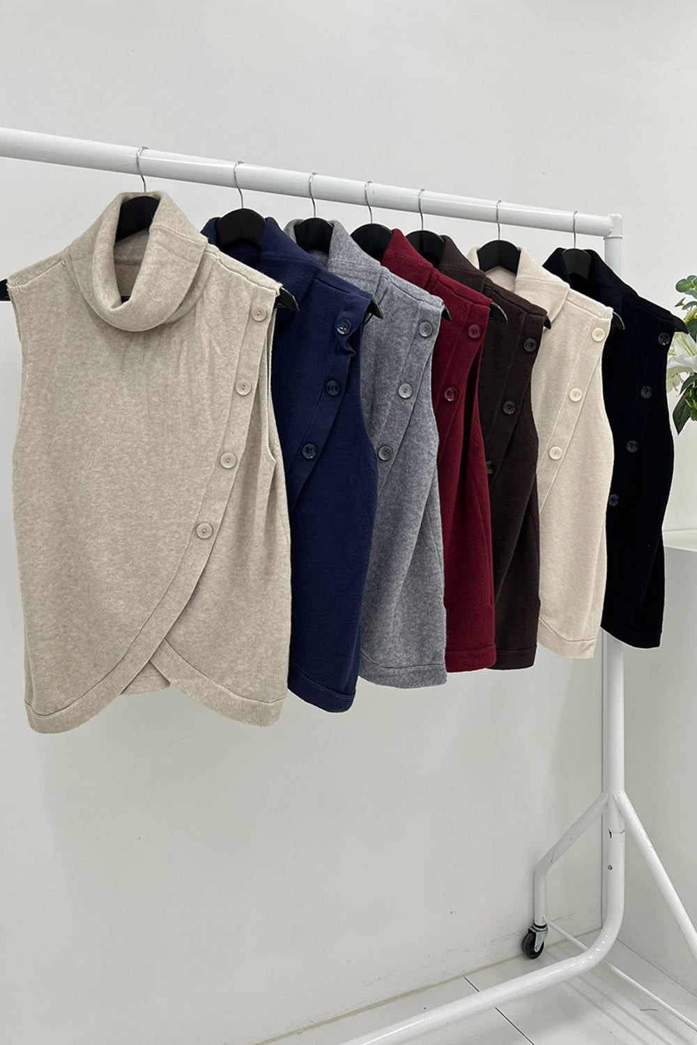 Button Detailed, Viscose & Modal Knitted, Wrap Over Roll Neck Waistcoat
