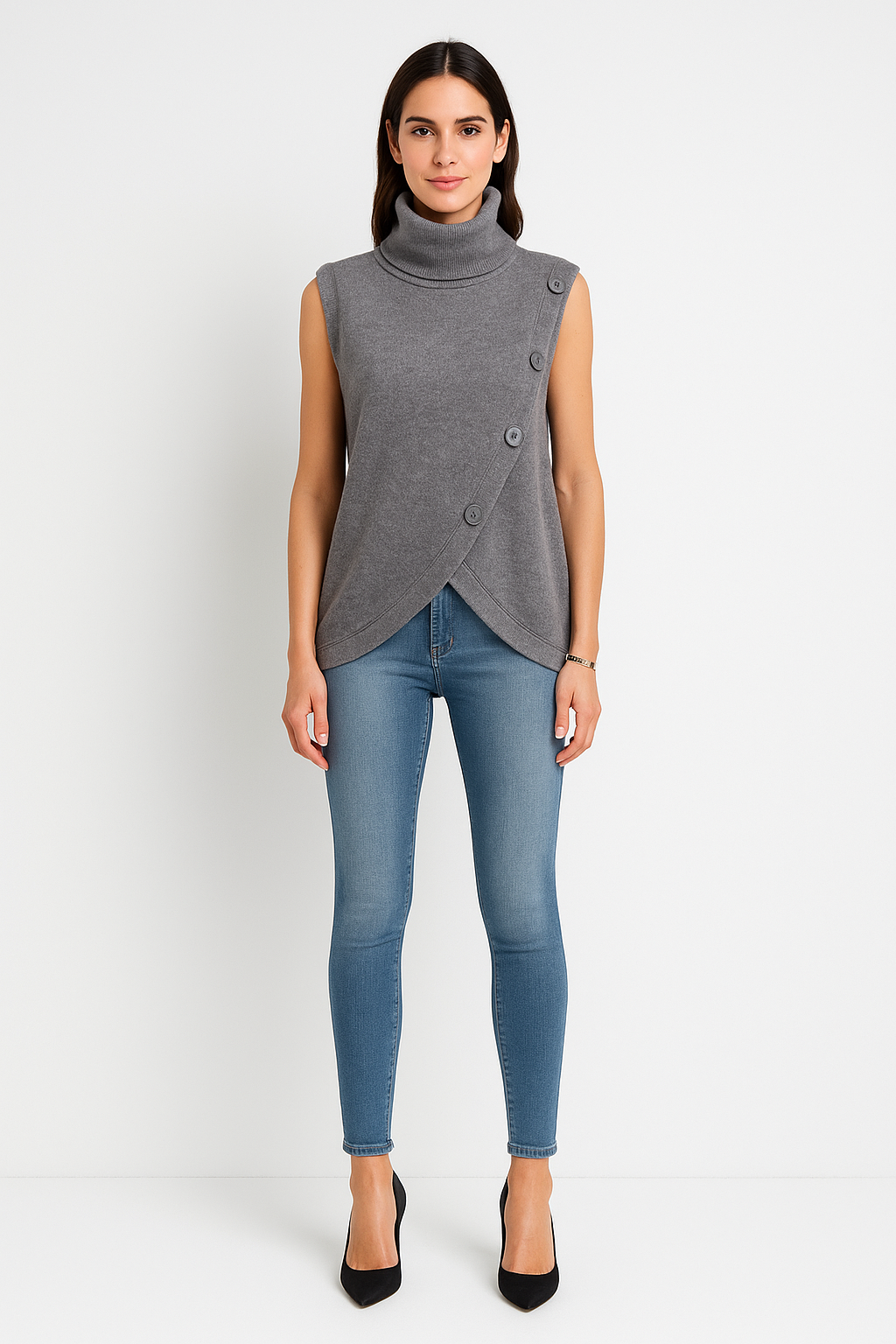 Button Detailed, Viscose & Modal Knitted, Wrap Over Roll Neck Waistcoat