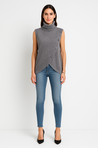 Button Detailed, Viscose & Modal Knitted, Wrap Over Roll Neck Waistcoat