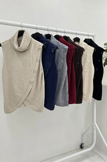 Button Detailed, Viscose & Modal Knitted, Wrap Over Roll Neck Waistcoat