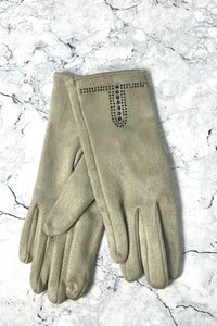 Taupe suede gloves with crystal stud detailing