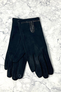 Taupe suede gloves with crystal stud detailing