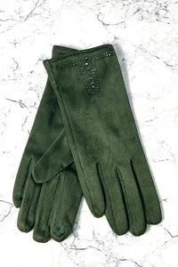 Taupe suede gloves with crystal stud detailing