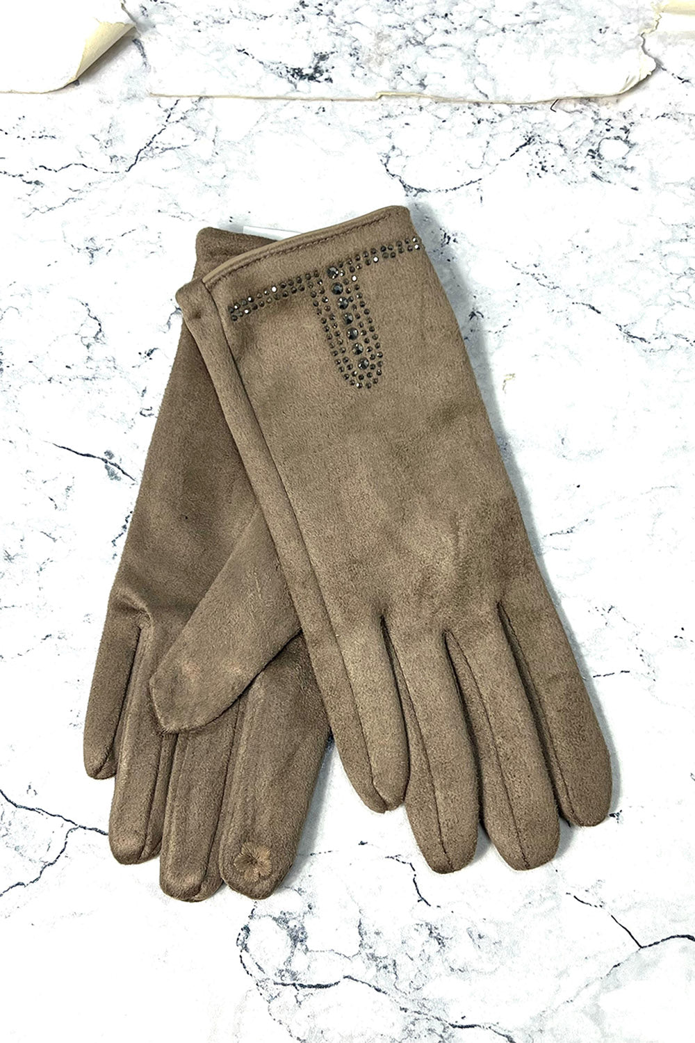 Taupe suede gloves with crystal stud detailing