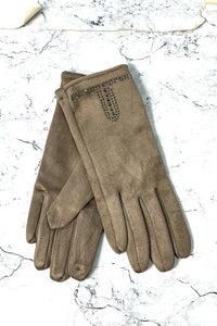 Taupe suede gloves with crystal stud detailing