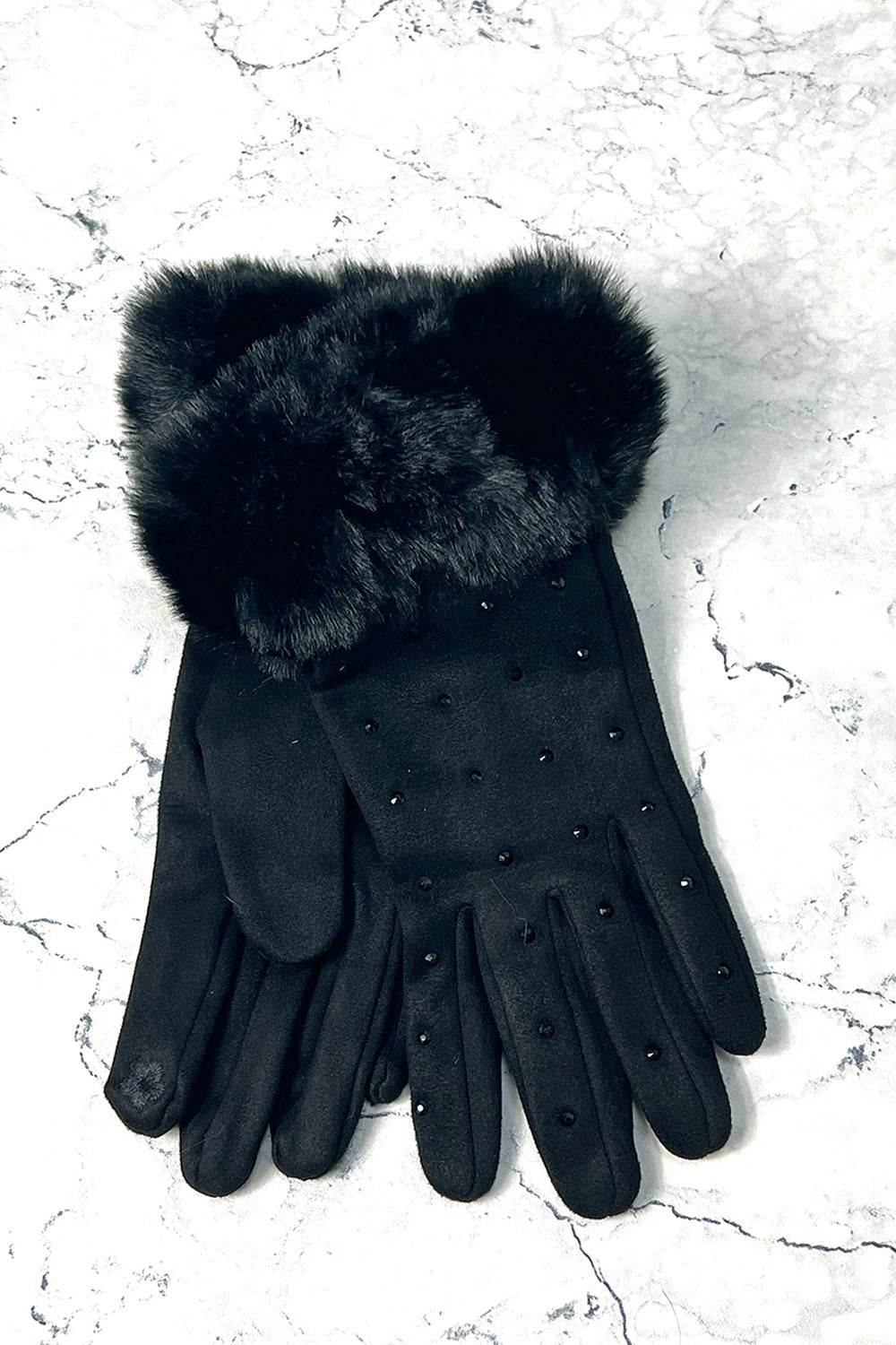Faux-Fur Cuff Studded Winter Gloves