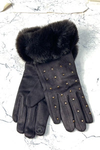 Faux-Fur Cuff Studded Winter Gloves