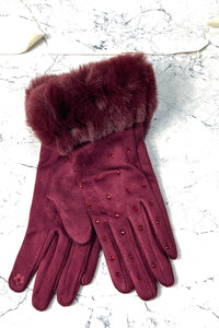 Faux-Fur Cuff Studded Winter Gloves