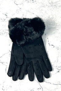 Faux-Fur Cuff Studded Winter Gloves