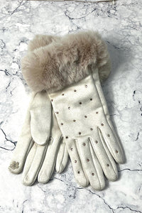 Faux-Fur Cuff Studded Winter Gloves
