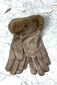 Faux-Fur Cuff Studded Winter Gloves