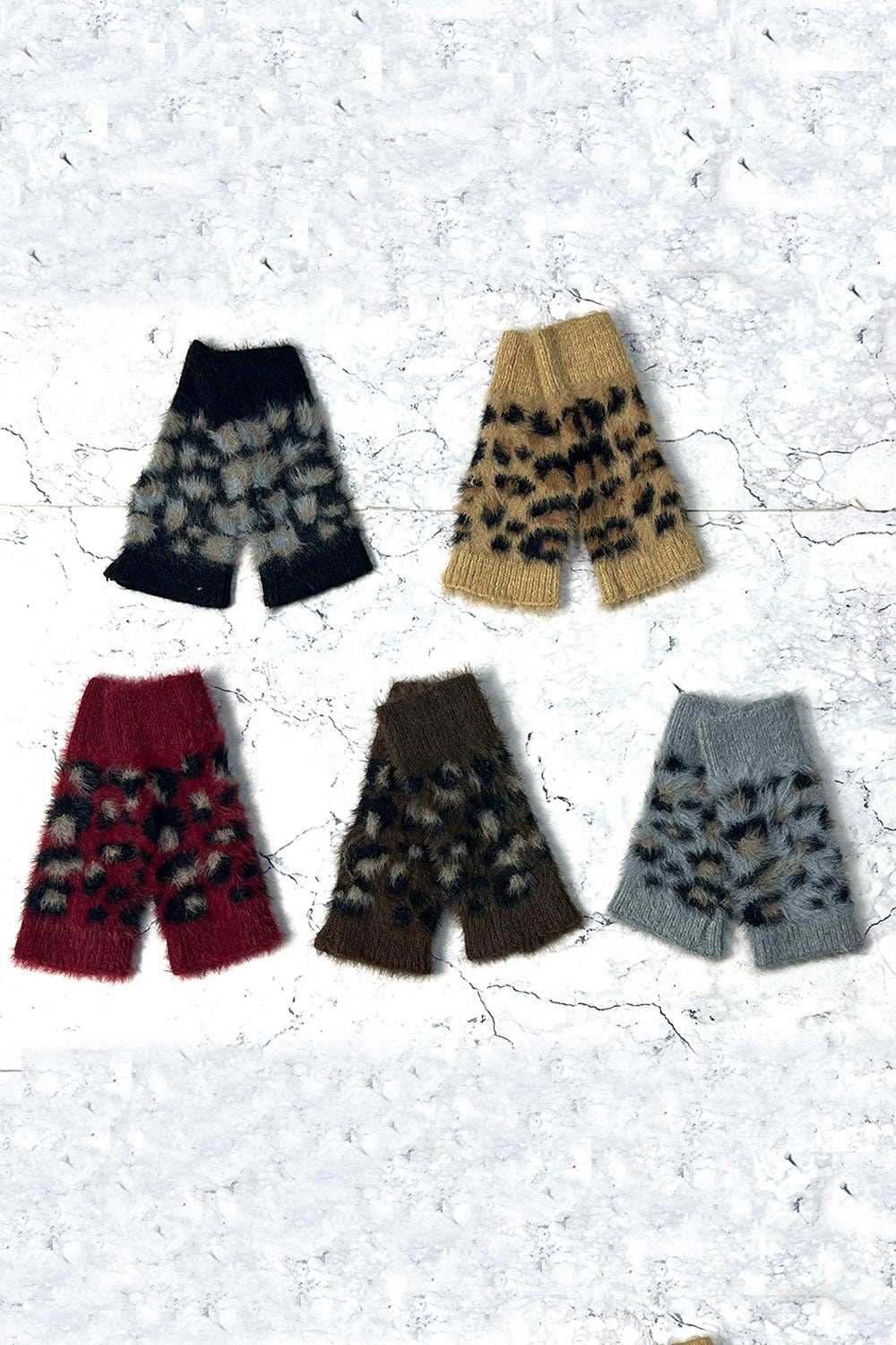Fuzzy Leopard Knit Wrist Warmers