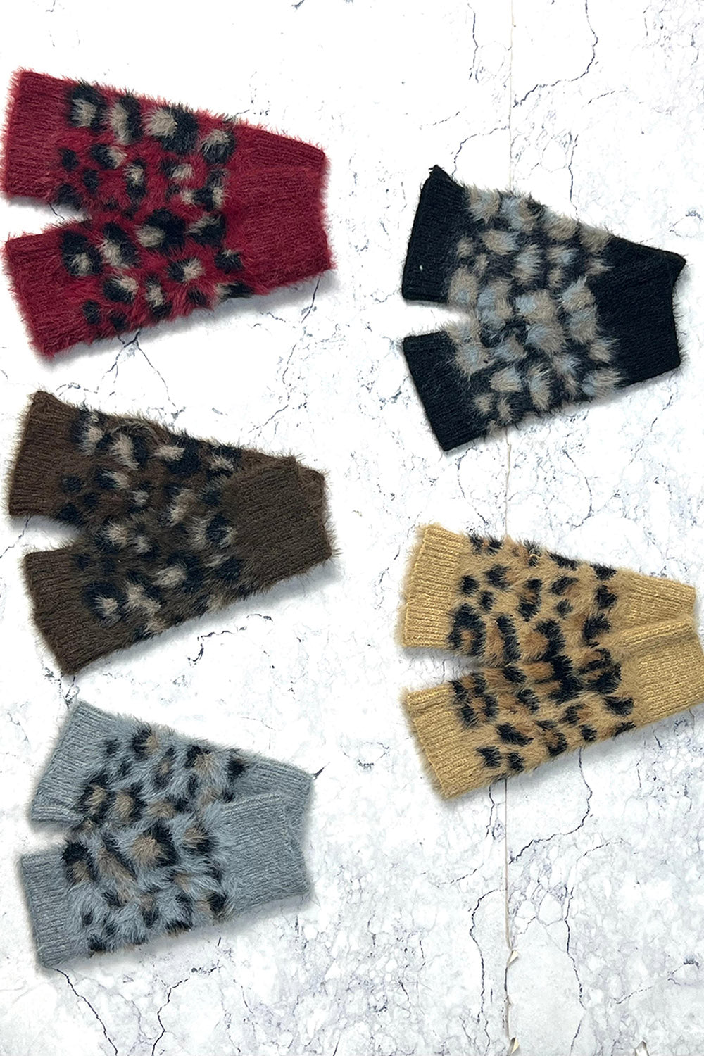 Fuzzy Leopard Knit Wrist Warmers