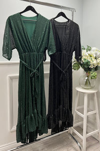 Sequin Drape V-Neck Maxi Dress