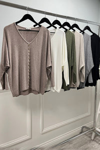 V-Neck, Button Detailed, Viscose & Nylon Light Knitted Top