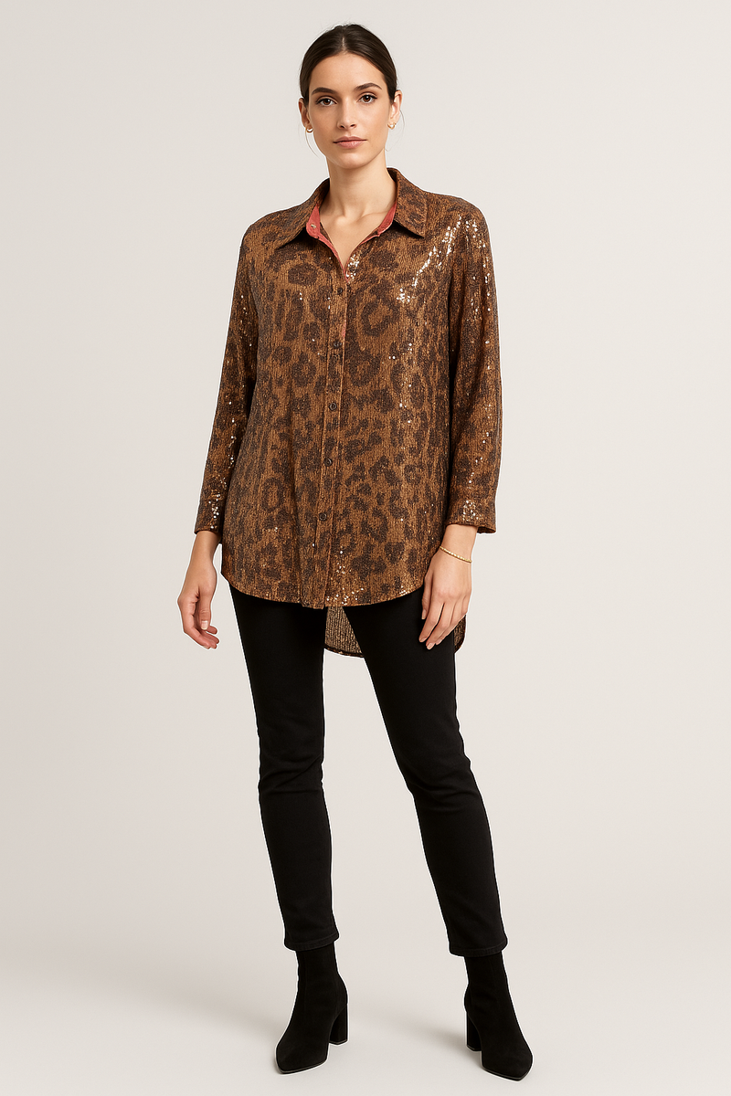 High Low Leopard Sequin Shirt.