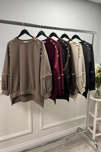 Round Neck, Pearl Detailed, Fleece Lined, High Low Top
