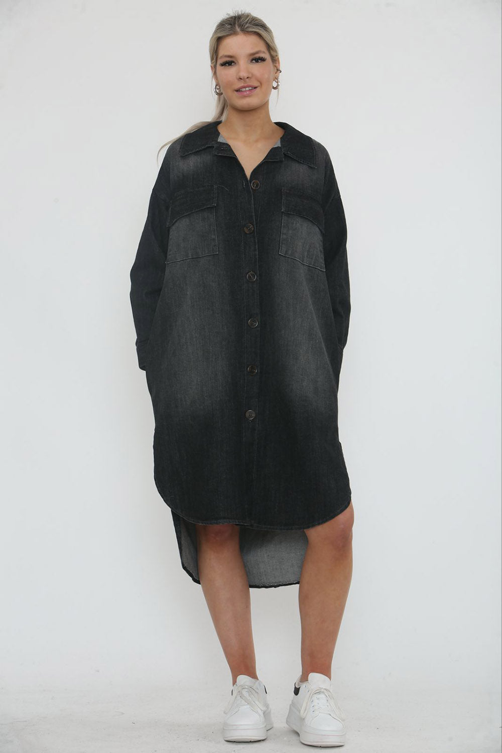 Collared, Button Through, Four Pocket Stretchy Washed Denim Dress.