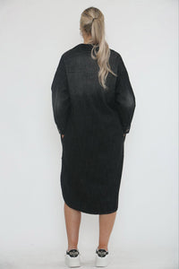 Collared, Button Through, Four Pocket Stretchy Washed Denim Dress.