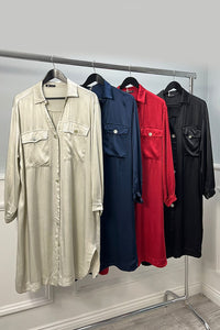 Collared, Button Through, Two Pocket Satin Shirt Dress