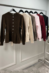 Round Neck, Button Back Detailed, Lana Wool, 20% Alpaca, Acrylic & Nylon Knitted, Frill Hem Jumper.