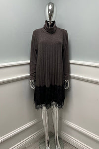 Lace Hem Detailed, Lana Wool & Viscose Knitted, Pleated Roll Neck dress