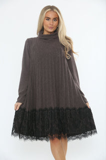 Lace Hem Detailed, Lana Wool & Viscose Knitted, Pleated Roll Neck dress