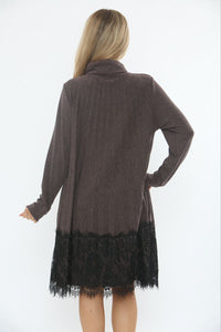 Lace Hem Detailed, Lana Wool & Viscose Knitted, Pleated Roll Neck dress