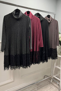 Lace Hem Detailed, Lana Wool & Viscose Knitted, Pleated Roll Neck dress