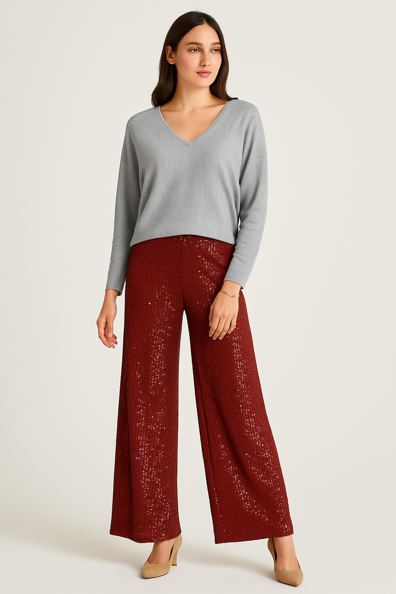 Elasticated Waist Wide Leg Lined Sequin Trouser.