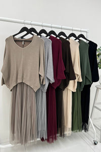 Round Neck, Batwing Top, Sleeveless Mesh Dress Two Piece Set