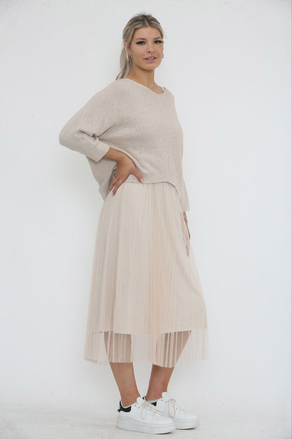 Round Neck, Batwing Top, Sleeveless Mesh Dress Two Piece Set