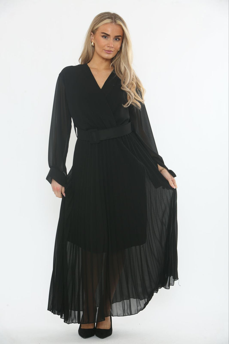V Wrap Over, Elasticated Waist, Belt Detailed, Pleated Dress