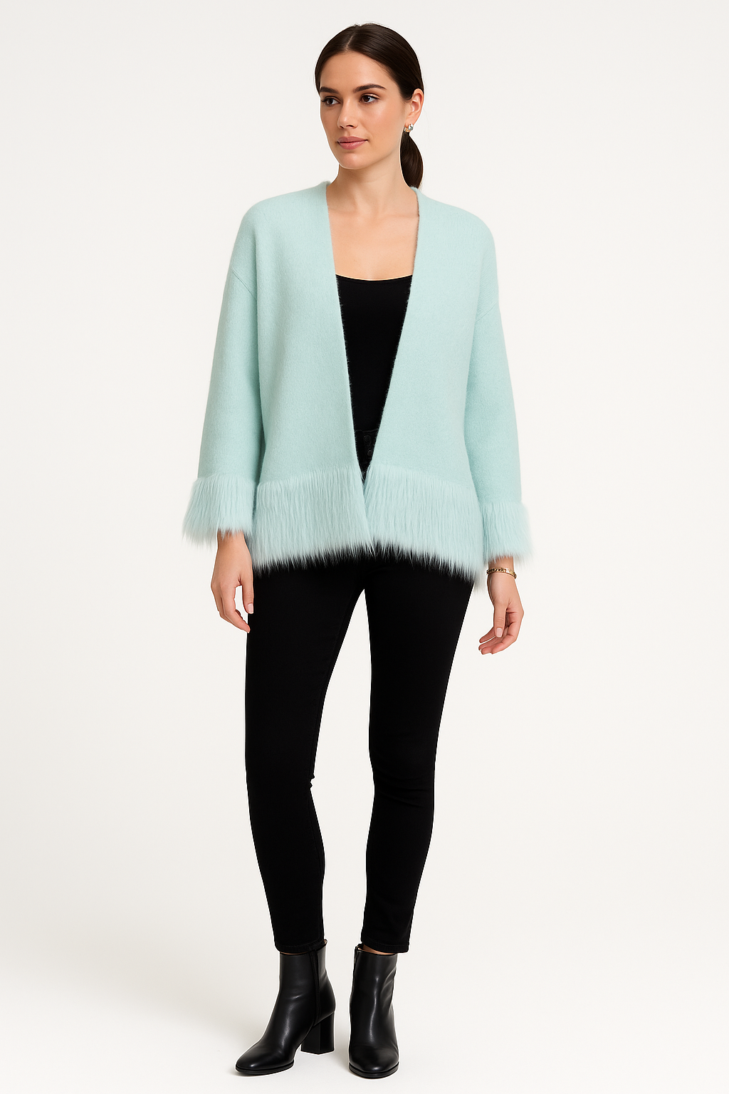 Fur Cuff & Hem Detailed, Lana Wool, Mohair & Acrylic Knitted Cardigan