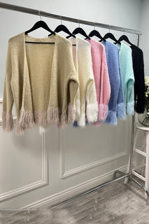 Fur Cuff & Hem Detailed, Lana Wool, Mohair & Acrylic Knitted Cardigan
