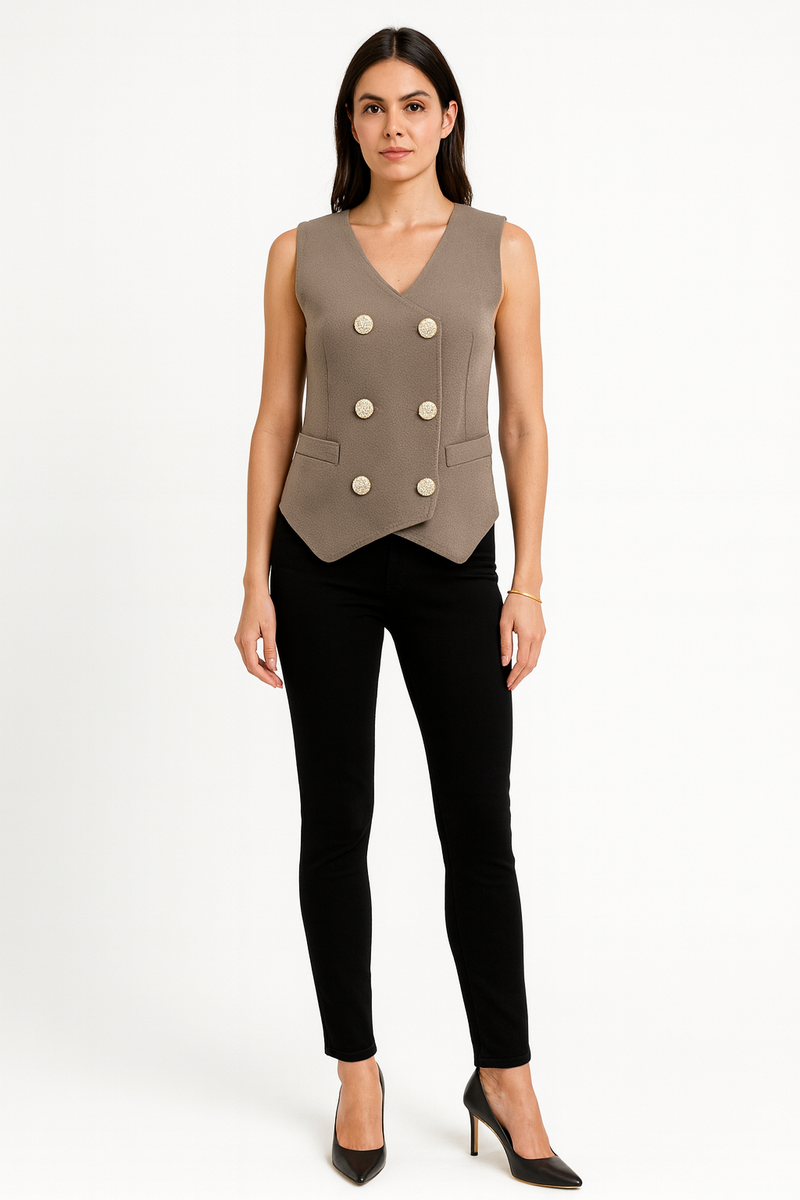 V Wrap Over, Golden Button Detailed, Viscose & Nylon Knitted Waistcoat.