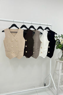 V Wrap Over, Golden Button Detailed, Viscose & Nylon Knitted Waistcoat.