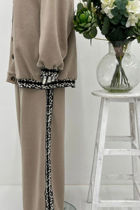 High Neck, Button Through, Leopard Lace Trim Detailed, Elasticated Waist, Wide Leg Two Piece Set