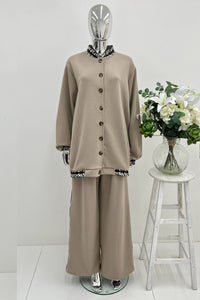High Neck, Button Through, Leopard Lace Trim Detailed, Elasticated Waist, Wide Leg Two Piece Set