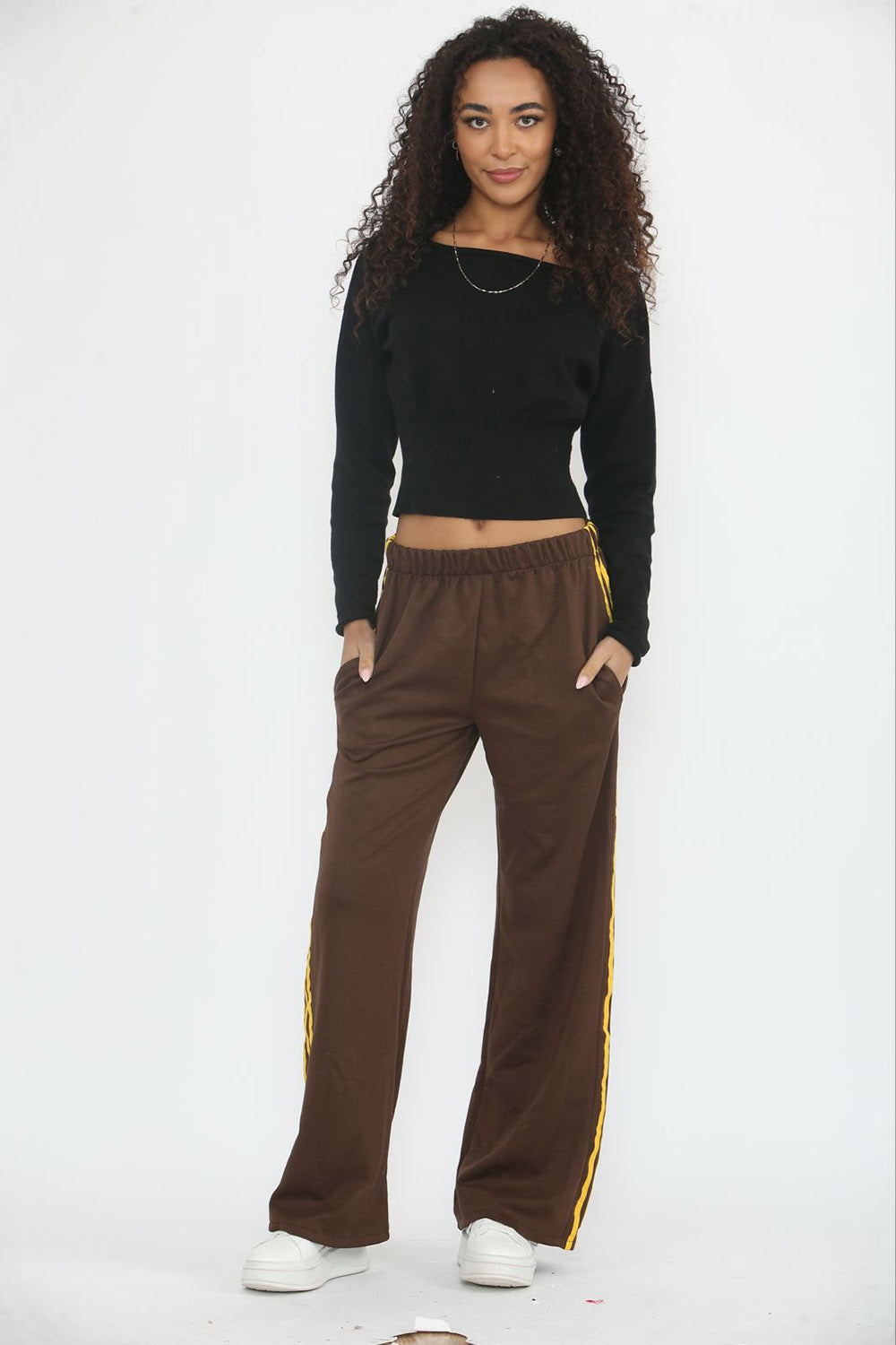 Elasticated Waist,Two Pocket Side Stripe Detailed Wide Leg Trouser