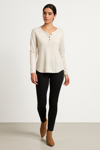 Round Neck, Button Detailed, 100% Cotton, Ribbed Top