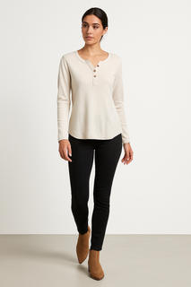 Round Neck, Button Detailed, 100% Cotton, Ribbed Top